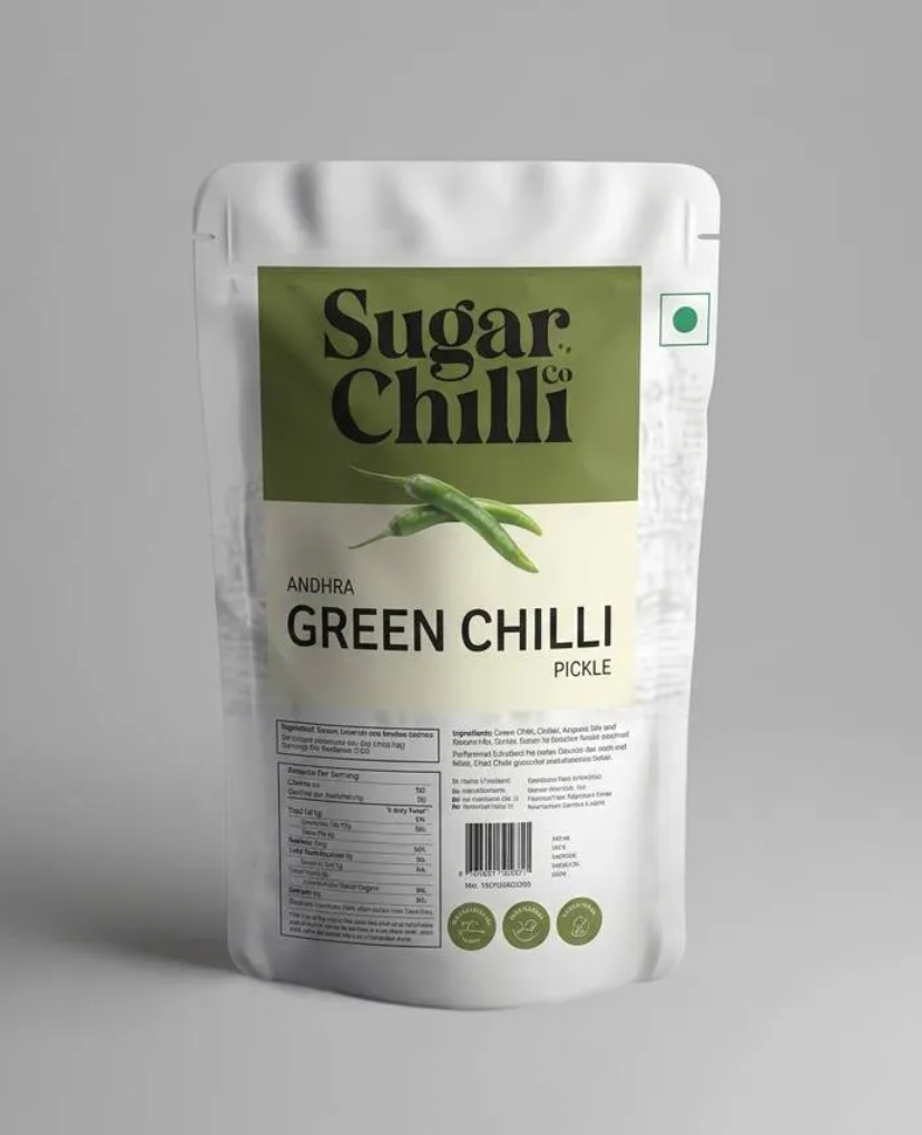 Angara Green Chilli Pickle (food-grade Safe Pouch) - 50g (DELIVERY IN 3-8 DAYS)